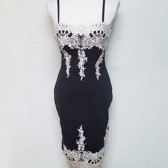 HAUTE Monde Black Ivory Lace Midi Bodycon Dress - Picture 2 of 9